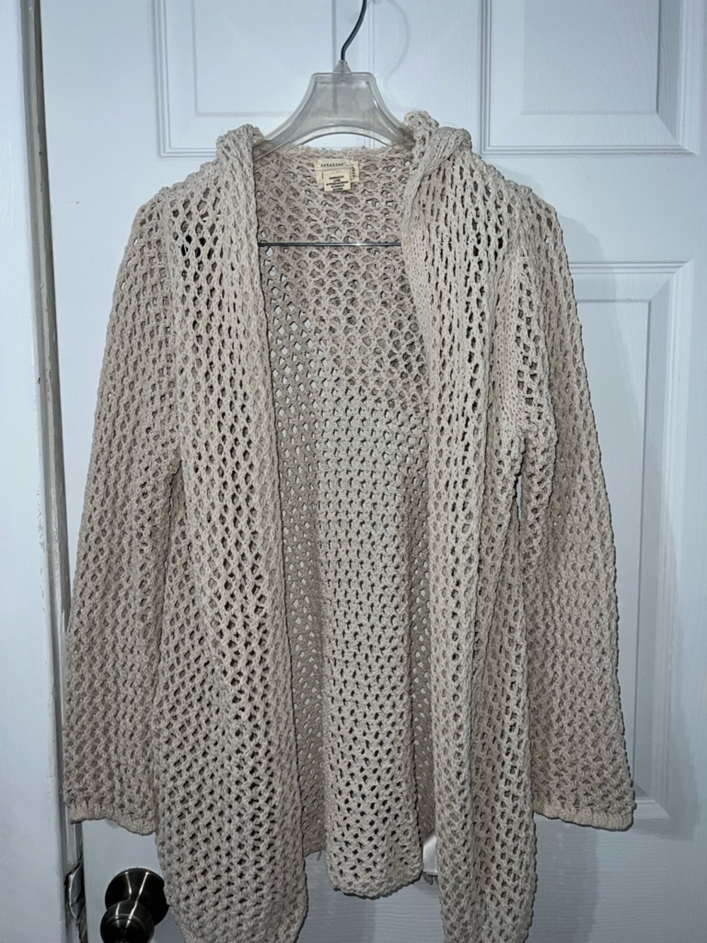 Open Weave Hooded Cardigan Sweater in Oatmeal